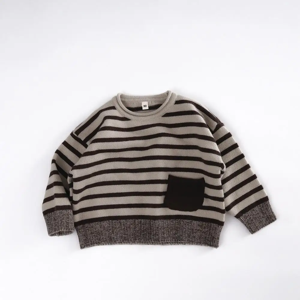 2025 Autumn New Children Casual Striped Sweater Vintage Pocket Boys Girls Long Sleeve Knit Pullover Kids Knitted Sweater