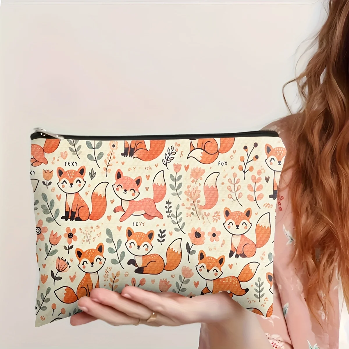 かわいいキツネと花のメイクアップバッグ - かわいい多機能ジッパーポーチ、ジュエリー収納バッグ、旅行に最適な小さなジッパー収納バッグ