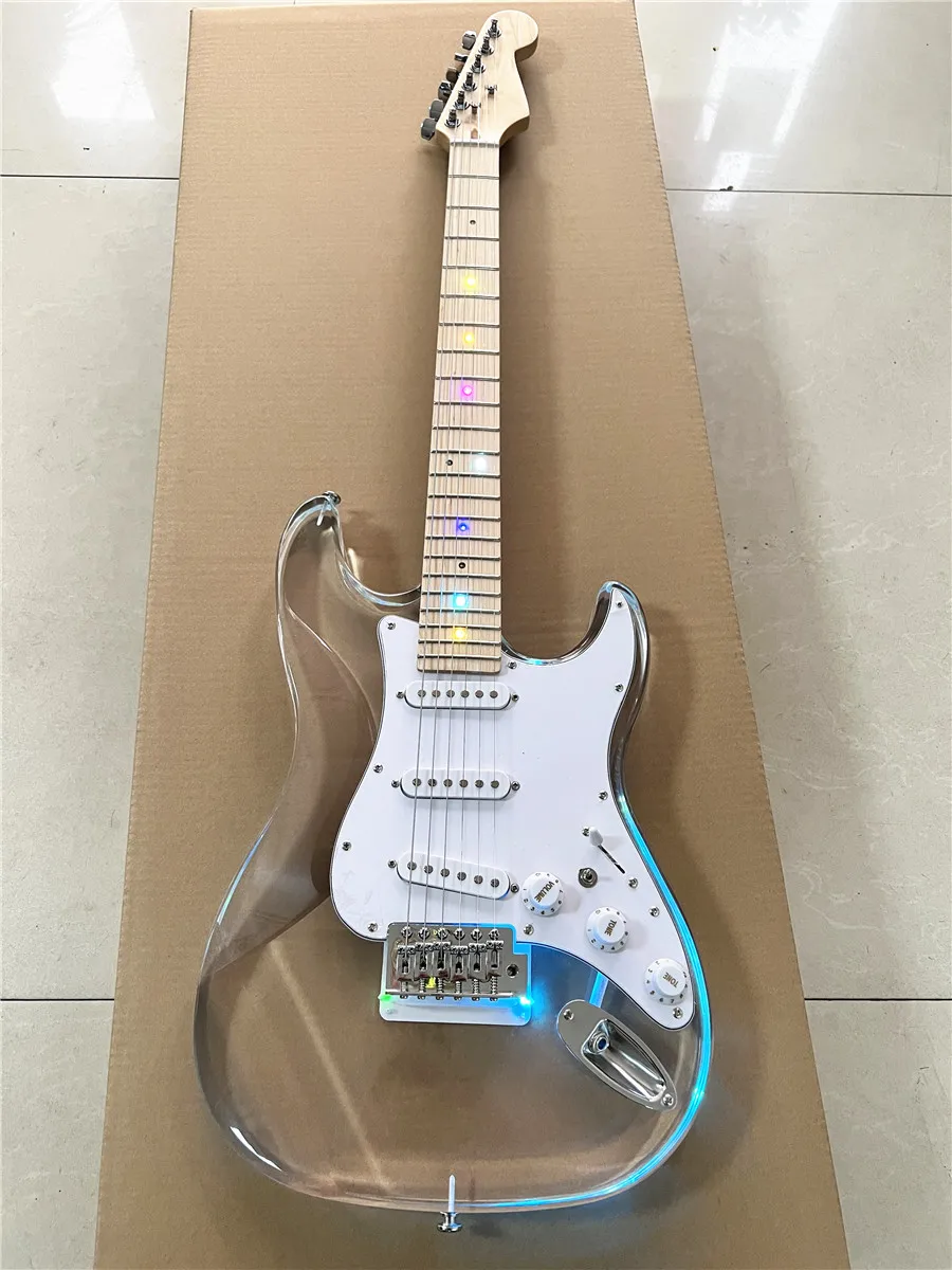 High quality classic acrylic clear Plexiglas crystal 6-string electric guitar with colored lights maple neck Free shipping