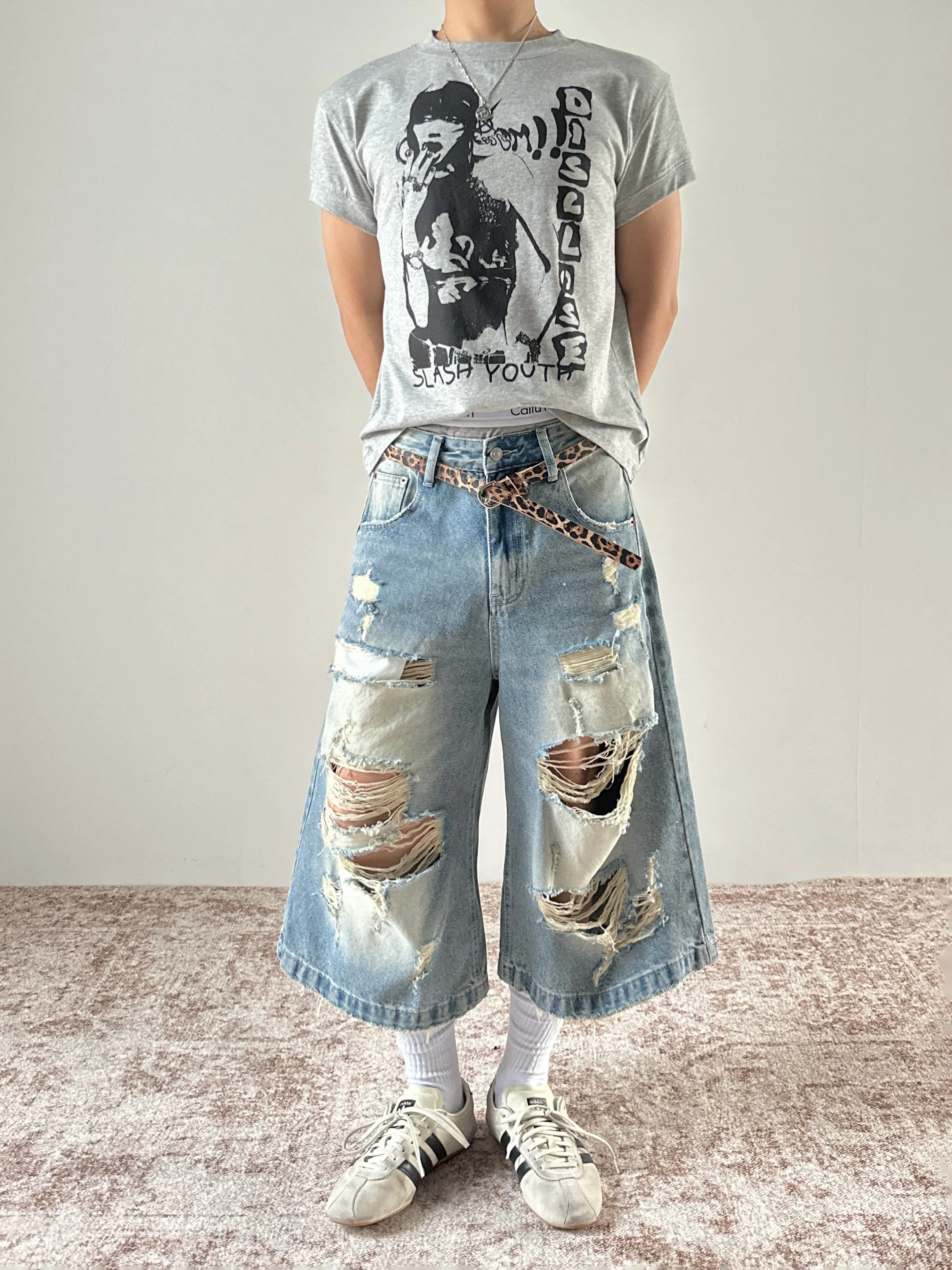 Retro American Streetwear Faded Denim Shorts Loose Wide Leg Casual Mid-Calf Seven-Point Pants Unisex Trendy Jeans Shorts