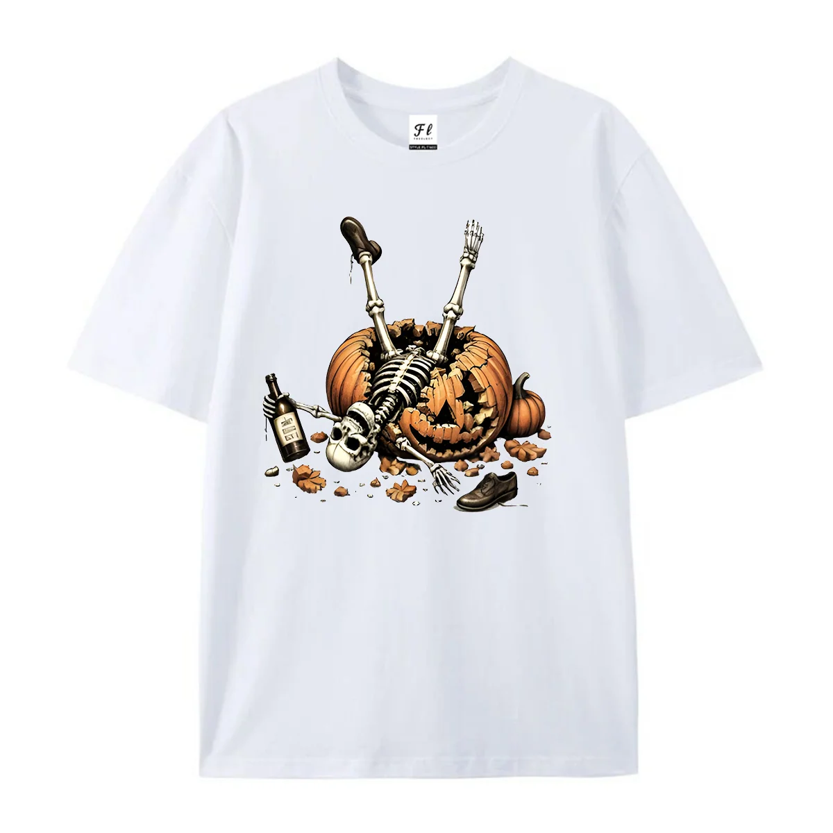 Halloween Skeleton Pumpkin T-Shirt Spooky Funny Graphic Tee Pumpkin Skeleton Shirt Fall Autumn Top Funny Casual Unisex T-Shirt