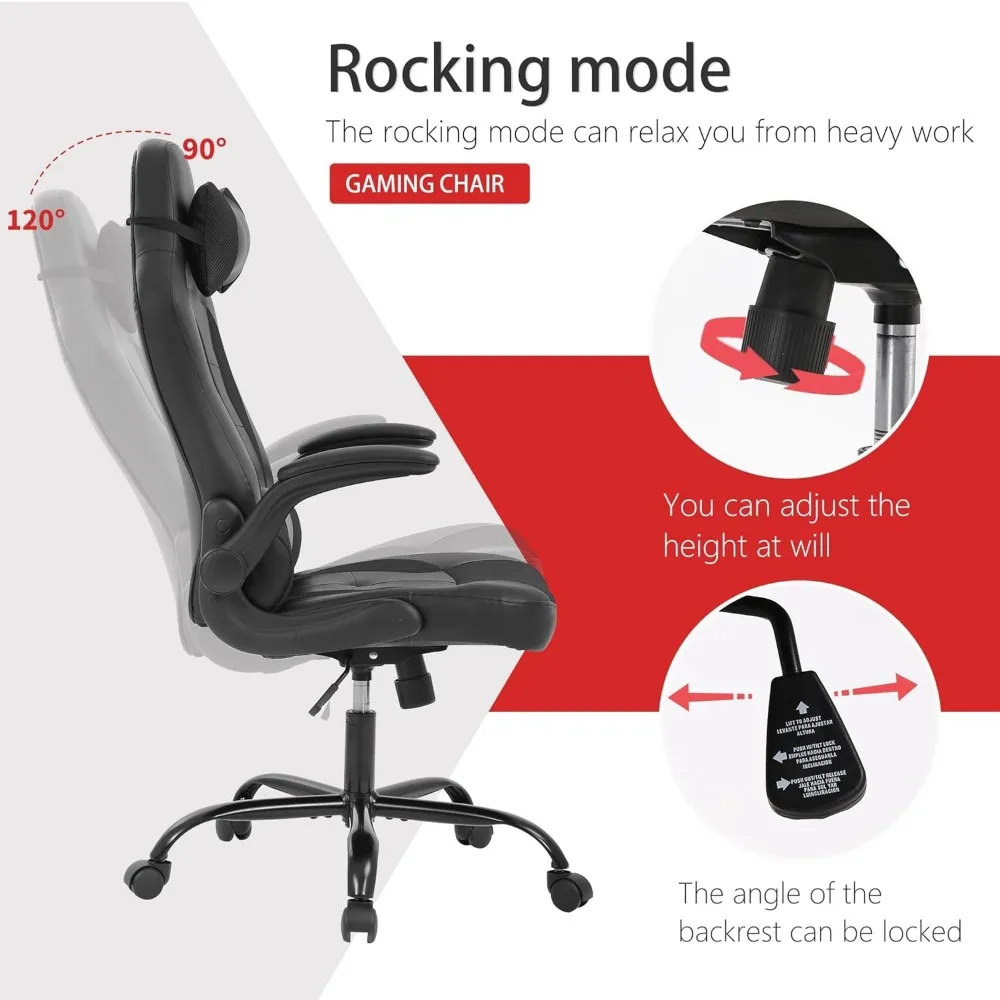 Ergonomic PU Leather Gaming Chair for Adults - Comfortable Computer Desk Chair with Flip-Up Armrests and Long-Term Use Support