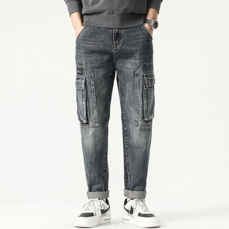 

Джинсы для мужчин, прямые мужские ковбойские брюки с карманами, брюки-карго, обычная эстетика, новинка в сложенном корейском модном тренде 2025