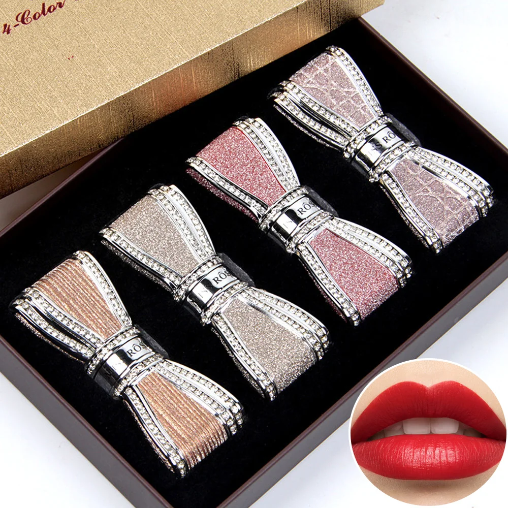 4색 매트 립스틱 버터플라이 세트, 컵에 묻지 않음, 오래 지속되는 벨벳 질감, 부드러운 매트 립 컬러