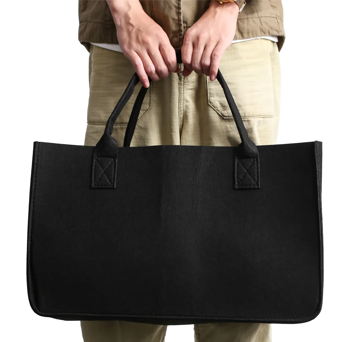 Bolsa de almacenamiento de fieltro de madera para chimenea, cesta para revistas, bolsillo para leña, cesta plegable de fieltro para soporte de leña, color negro