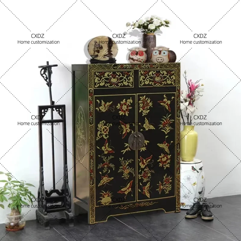 XSolid wood light luxury shoe cabinet small apartment household door simple modern living room retro entrance cabinet