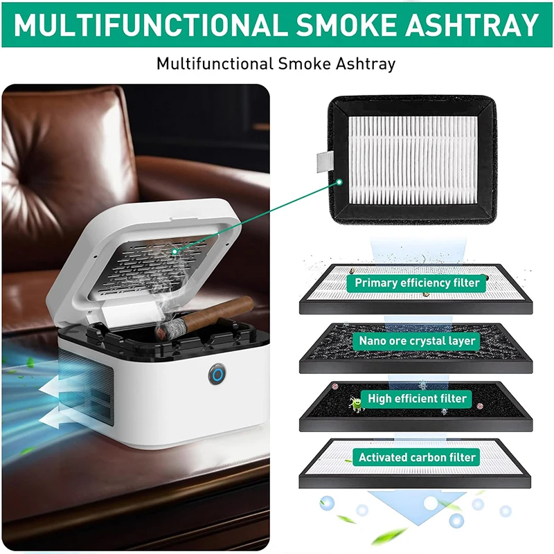 

2в1AirPurifier Многофункциональная бездымная пепельница для курильщика сигарет, HEPA-фильтр уменьшает дым USB Перезаряжаемая пепельница для дыма