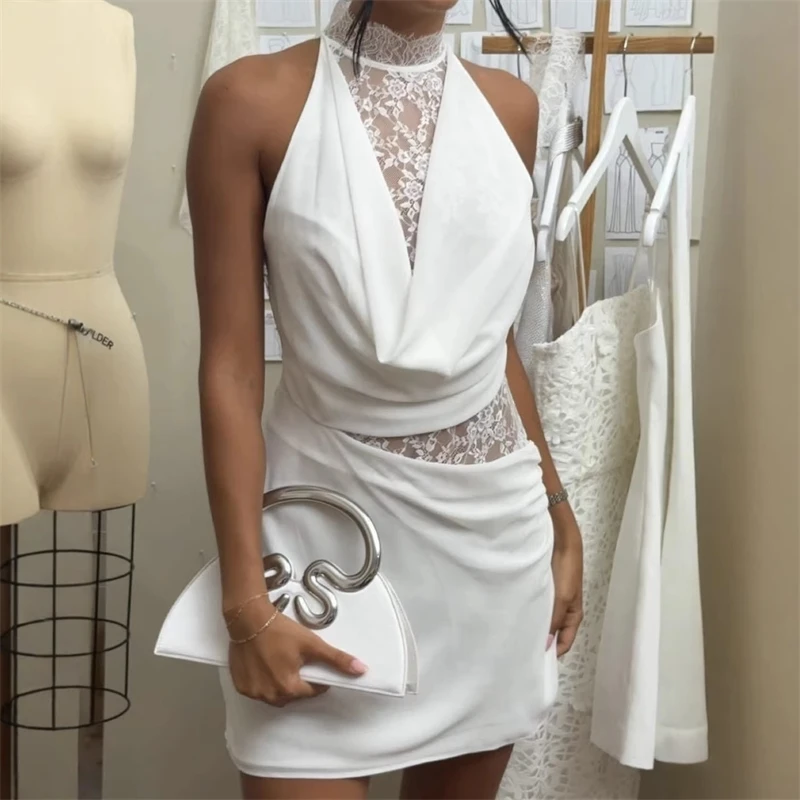 

Sexy Lace Patchwork Satin Dresses For Women Halter Sleeveless See Through Deep V-neck Dress Female Party Evening Gown Chic 2026