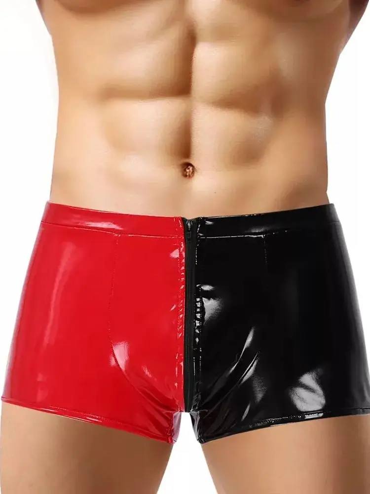 S-5XL Contrast Color Wet Look PVC Shorts Men Convex Pouch Zipper Shiny PU Leather Trunks Boxershorts Tights Calzoncillos Boxer