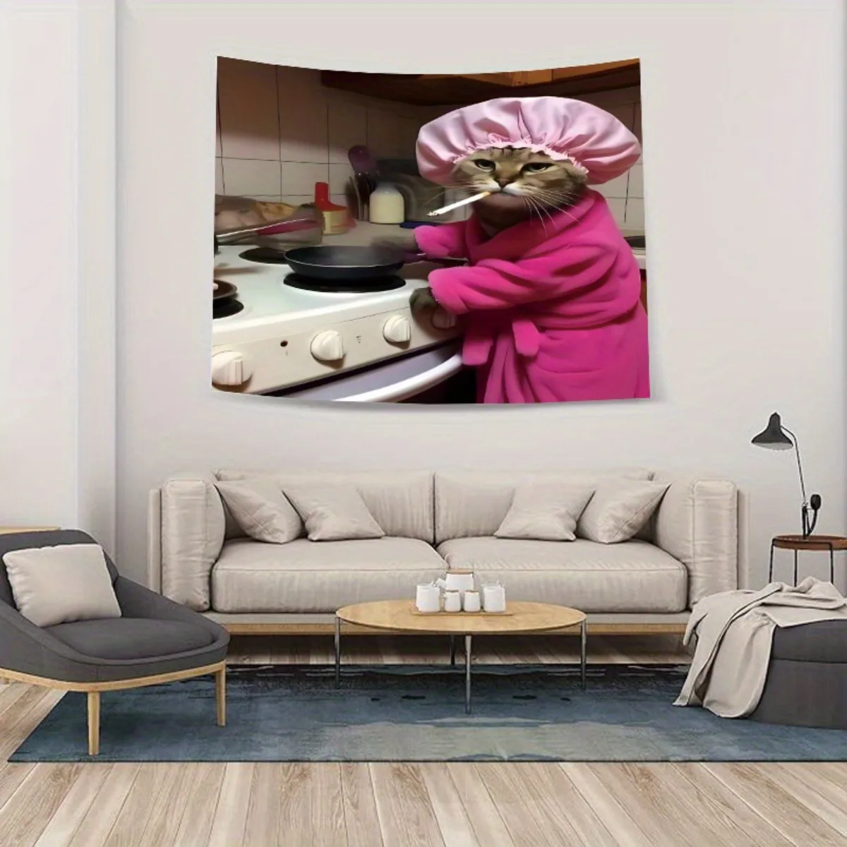 Cat Chef Pink Robe Wall Tapestry Funny Kitchen Decor Art Print Home Living Room Sofa Backdrop Modern Minimalist Style