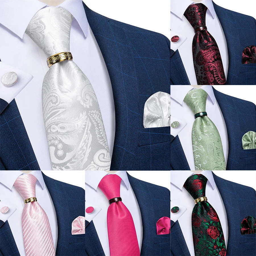 

Elegant White Paisley Silk Ties for Men Luxury Wedding Party Groom Accessories Necktie Handkerchief Cufflink Cravat Gift