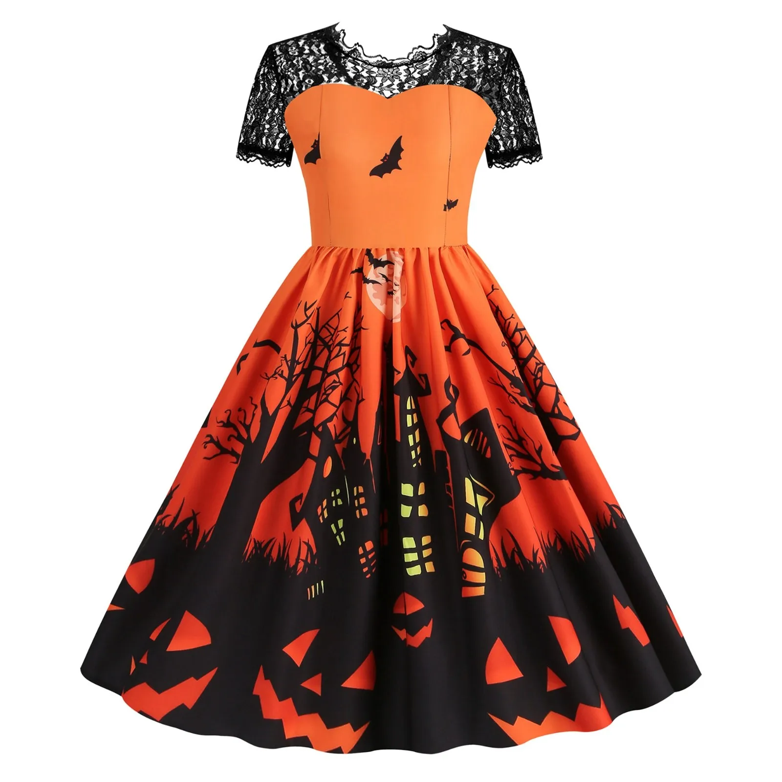 

Lace Halloween Dress 2024 New Women Short Sleeve 50S 60S Vintage Party Costumes Elegant Evening Prom Big Swing Hem Dresses