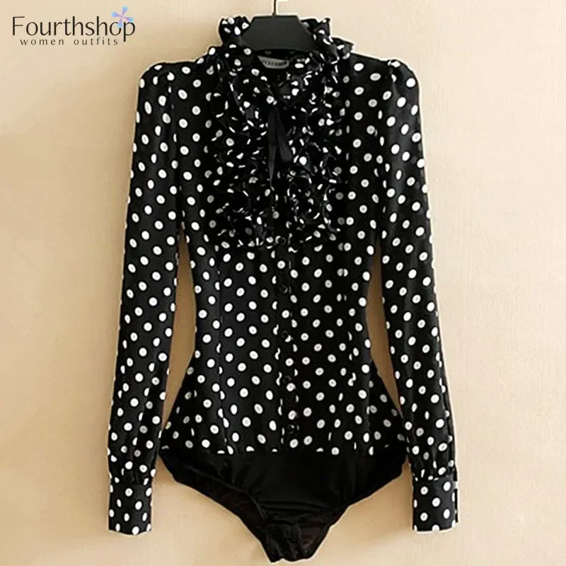 Elegant Black Blouses And Shirts Office Lady Business Work Bodysuits Women Polka Dot Ruffles Tops Rompers Fashion Overalls 2025