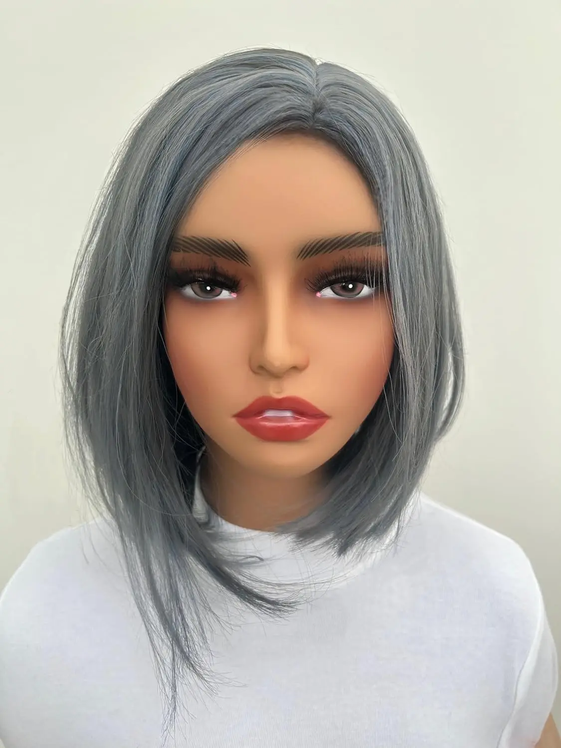 Wig Hair Woman Syntheic Wig Material Straight Bob Style Beauty and Personal Care Light Grey Blue Color Modern Style Wig Cap