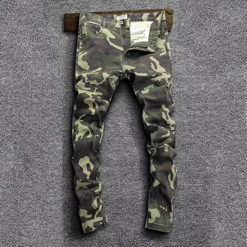 

Streetwear Fashion Men Jeans Camo Spliced Designer Stretch Slim Fit Hip Hop Jeans Men Casual Trousers Vintage Denim Pants