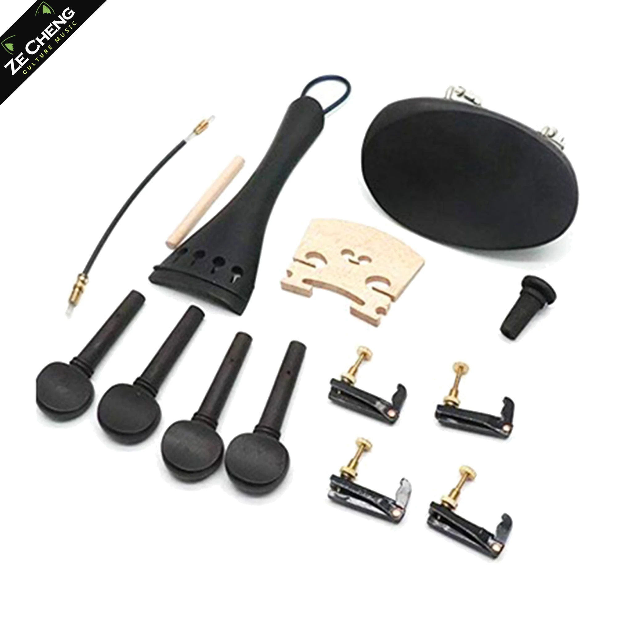 4/4 Violin Ebony Accessories, Violin Parts Fine Tuner Tailpiece Clip Headrest Endpin Bridge Set, Black Violin Accessories