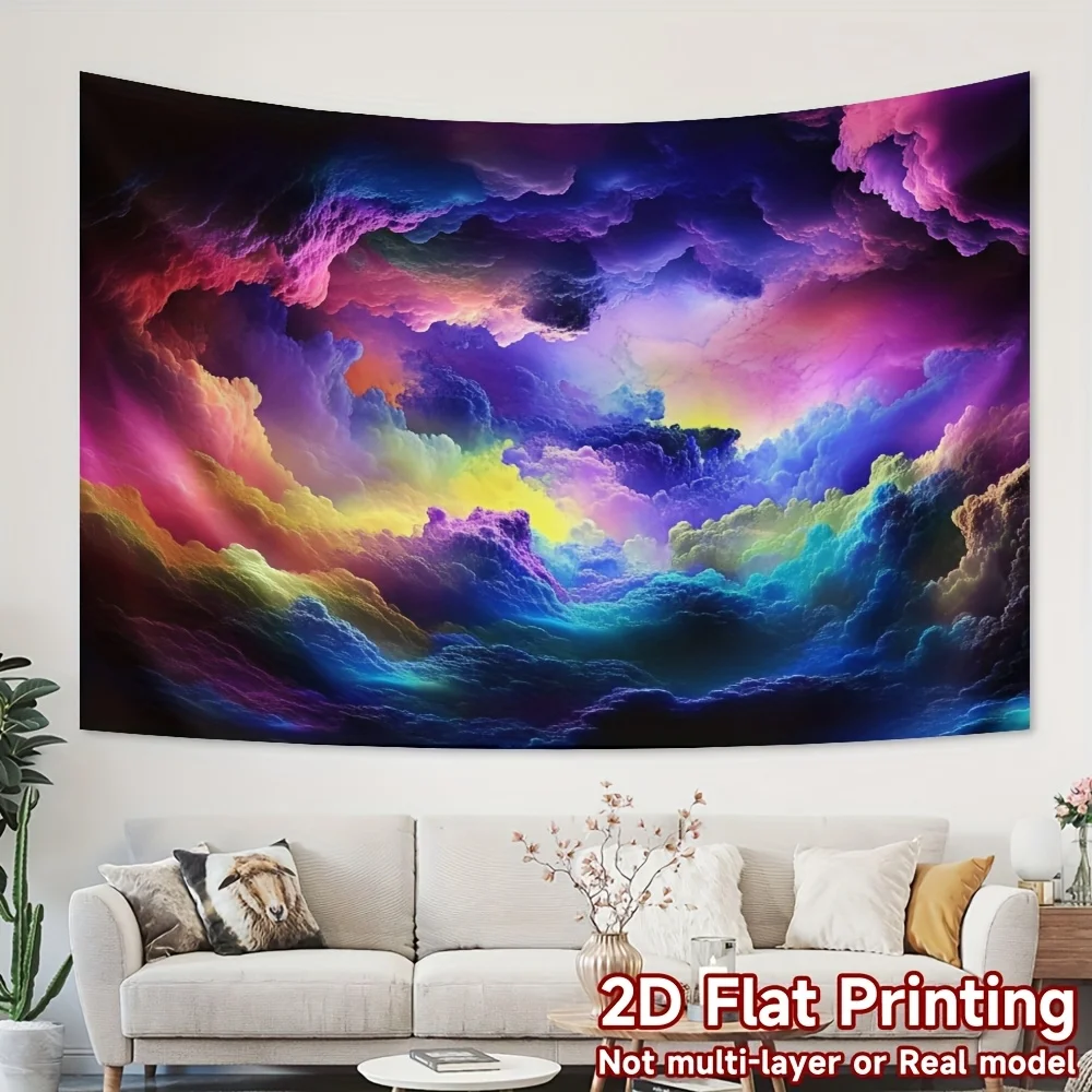 Vibrant Abstract Cloud Sky Tapestry Wall Hanging Bohemian Galaxy Rainbow Decor Polyester Print for Modern Home Aesthetic Room Ar