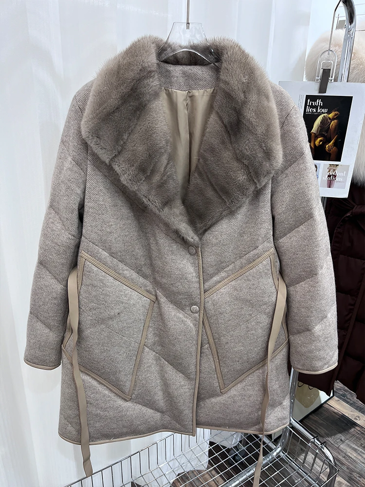 Women Winter Warm Goose Down Jacket Puffer Jacket Cashmere Wool Jackets Real Mink Fur Collar Thick Female Outwear Coat