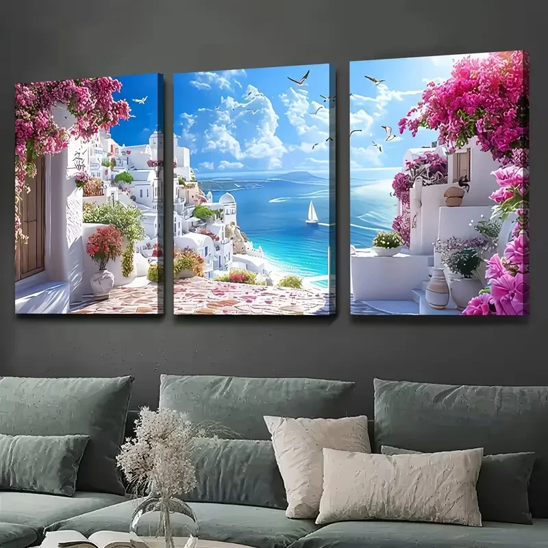 

Mediterranean Coastal Architecture Scenery Diamond Painting Art 3Panel Full Square Round Drills 5D Mosaic Diamond Embrodidery