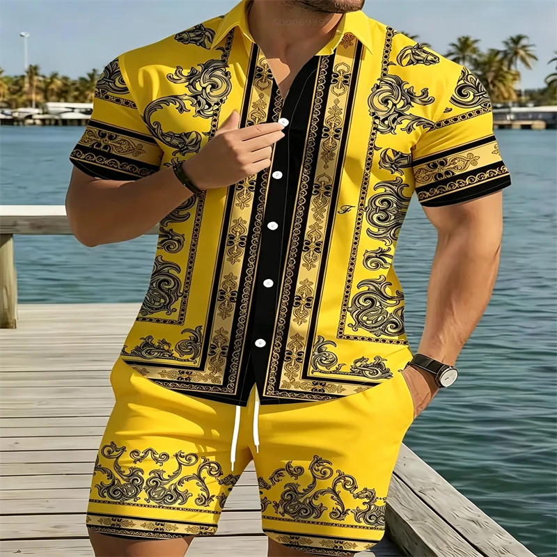 Men's Two-Piece Summer Luxury Baroque Print Short-Sleeve Shirt and Drawstring Shorts Set Hawaiian Beach Vacation Suit