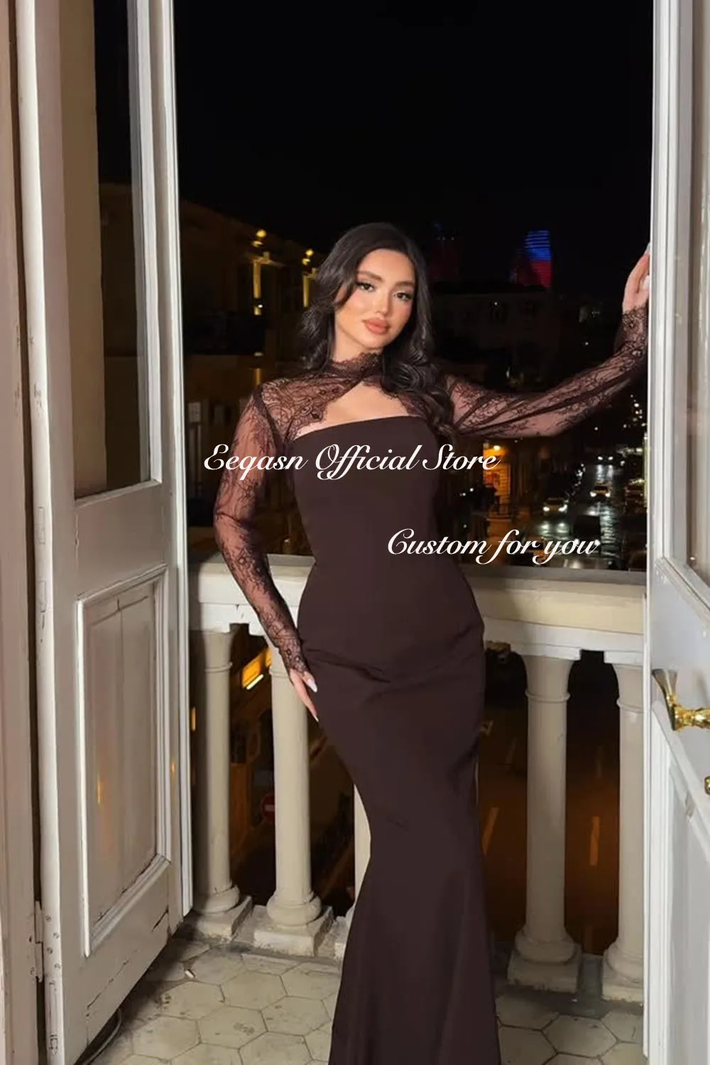 Eeqasn Customized Sizes Available Crepe Formal Evening Dress Brown Mermaid Floor-Length Wedding Guest Dresses High Quality