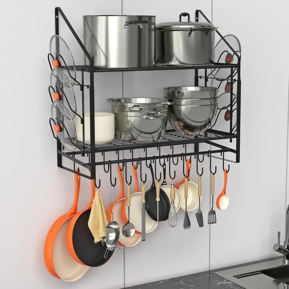 

35 Inch Pot Rack Wall Mounted, 2 Tier Pots and Pans Organizer with 20 Hooks and 6 Pot Lid Holders, Heavy Duty Steel Pot