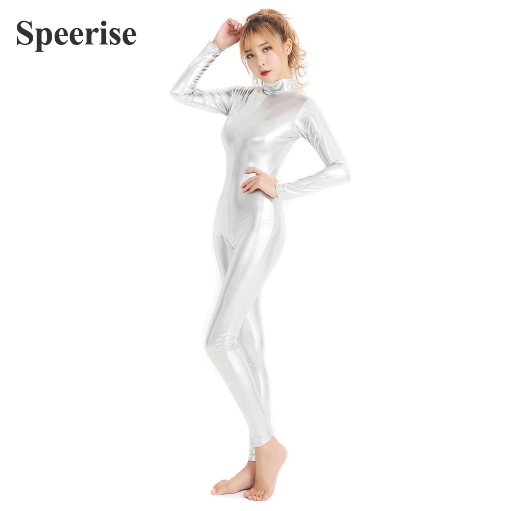 Adult Women Shiny Cosplay Metallic Unitard Performance Zentai Turtle Neck One Piece Catsuit Wet Look Halloween Dance Costume Men