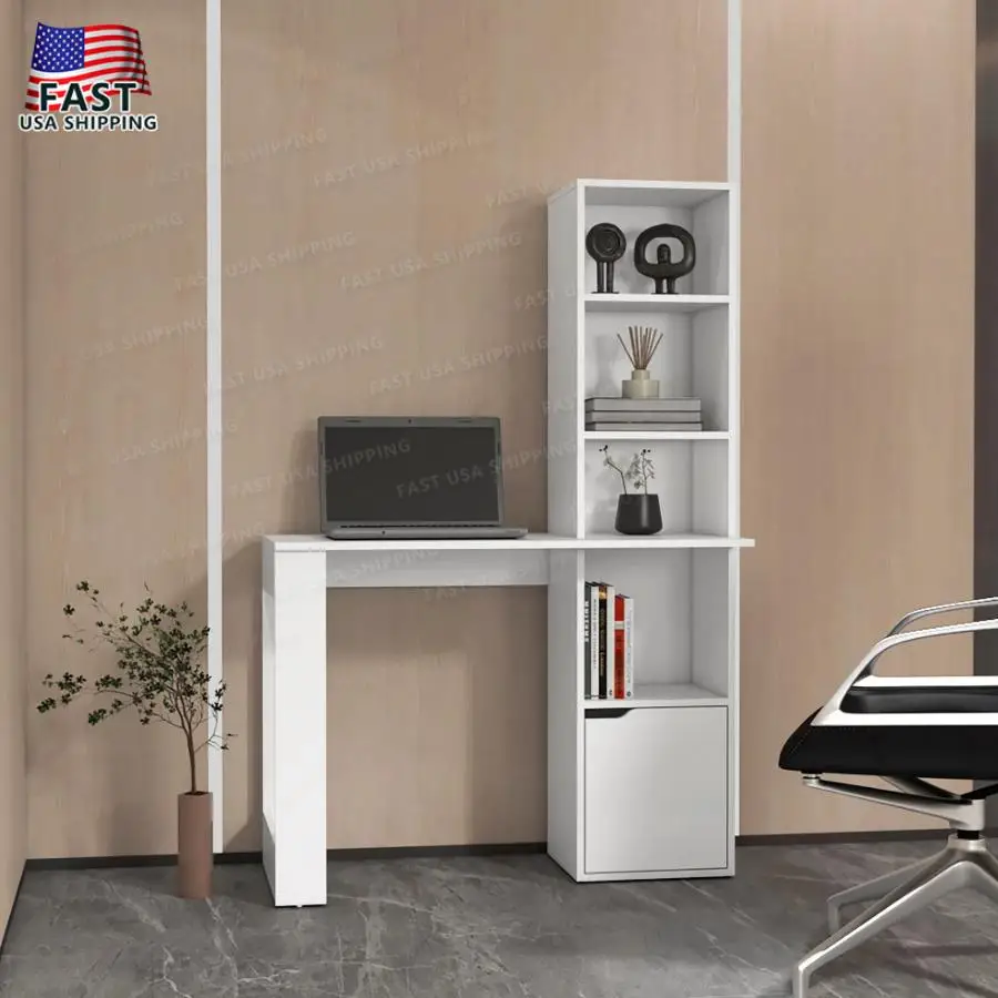 White Computer Desk 4-Tier Bookcase 1-Door Cabinet