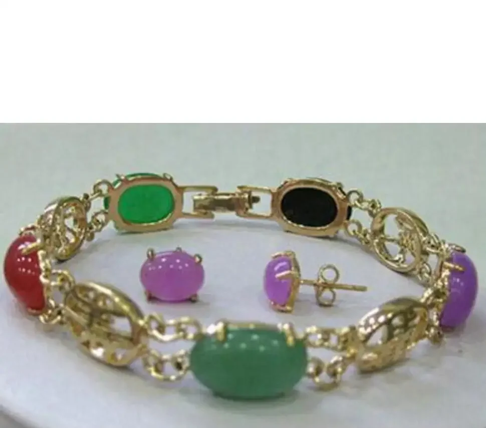 

Women Multicolor Jade Jewelry bangle bracelet earrings set 7.5inch