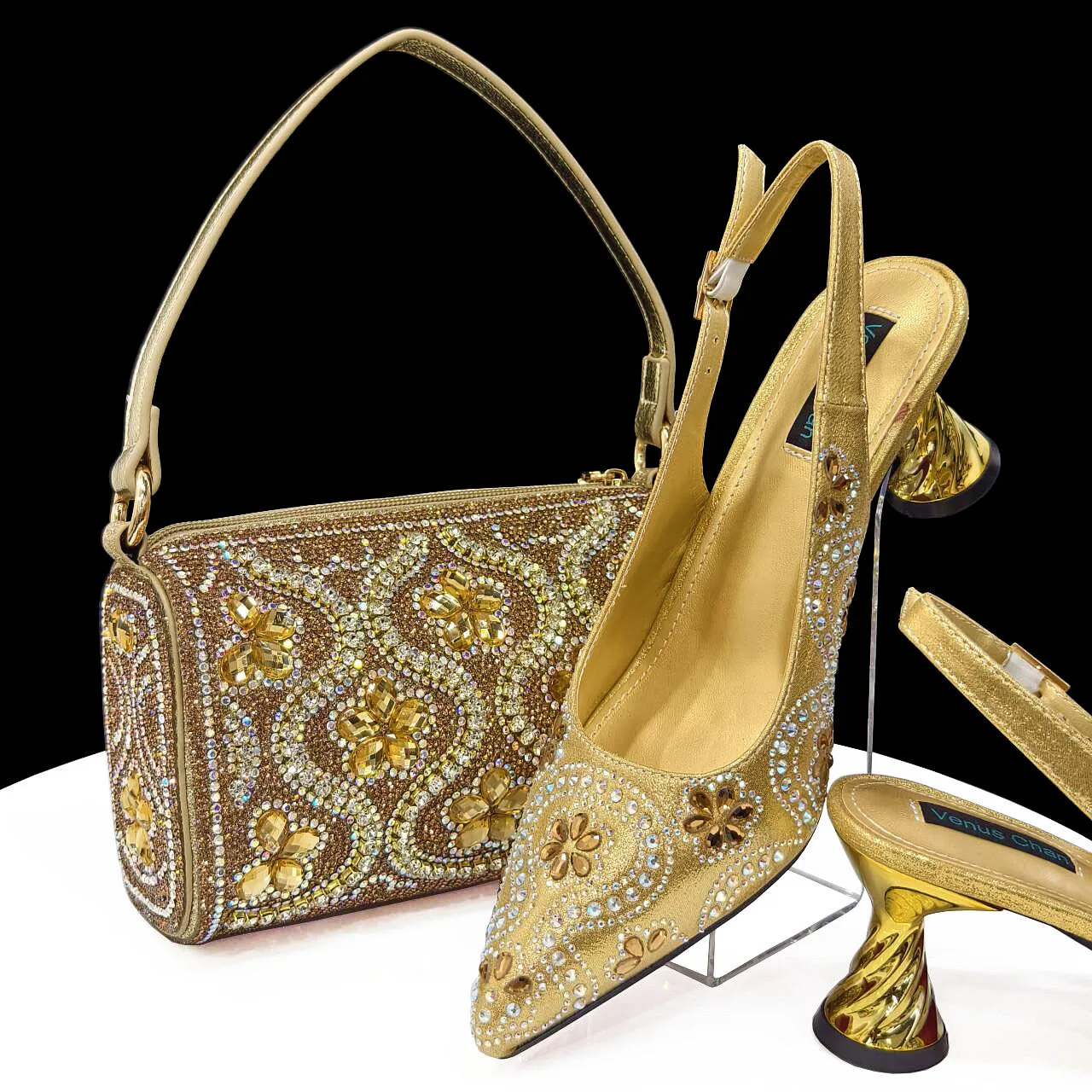 Gold  Fashion Elegant Pointed High Heels Crystal Inlaid decorate African Women's Favorite High Heels With Clutch Bag Set