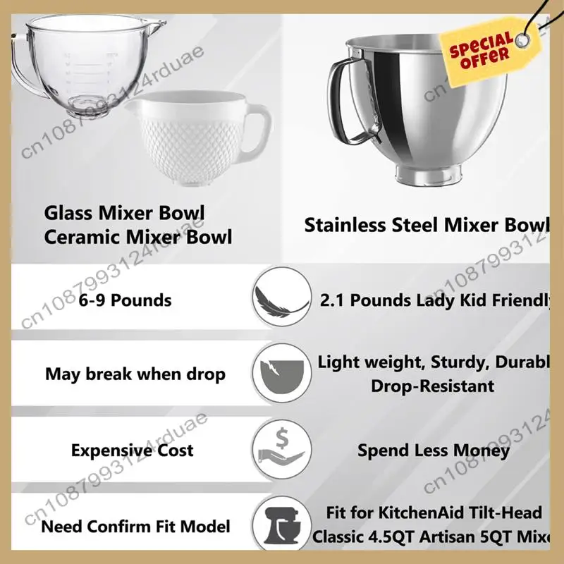 Cuenco mezclador Kitchenaid A75T para batidora Kitchenaid Classic & Artisan Series 4,5-5 QT con cabezal inclinable, tazón de ace