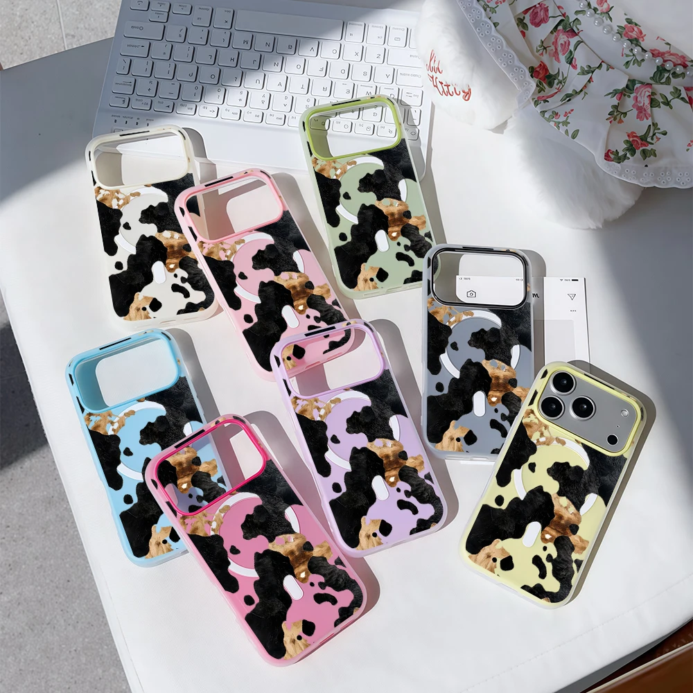 Mocha Kuhfell-Print Luxus Candy Color 2-in-1 MagSafe Hülle für iPhone 16 15 14 13 17 Pro Max Plus Transparente Matte Weiche Abdeckung
