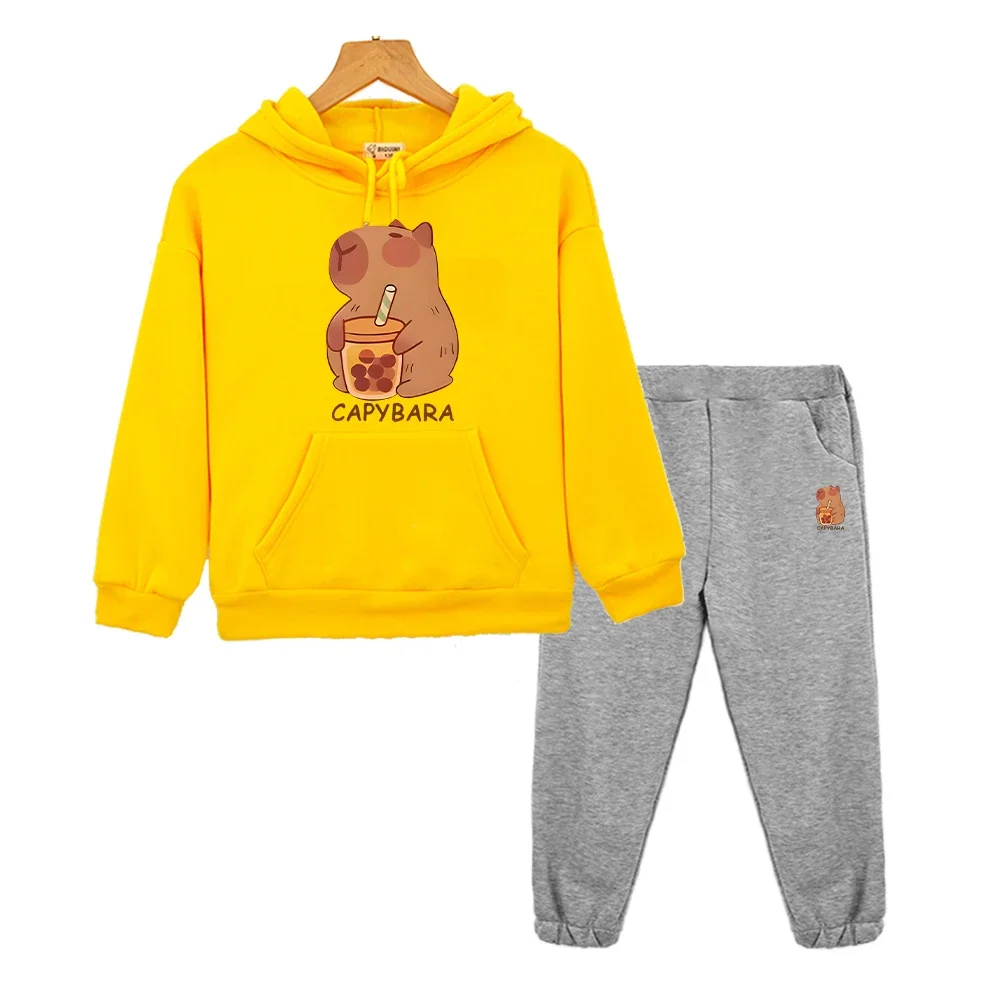 

Толстовка с капюшоном в стиле аниме «Капибара», пуловер из 2 предметов + штаны для мальчиков и девочек, спортивные комплекты с капюшоном, флисовая куртка, детская бутиковая одежда