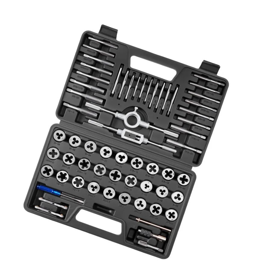 

Набор метрических и дюймовых резьбонарезных плашек и метчиков (60 предметов), размеры от M3 до M12, от 4 до 1/2 дюйма, включает инструменты для крупной и мелкой резьбы, ключи, кейс для хранения