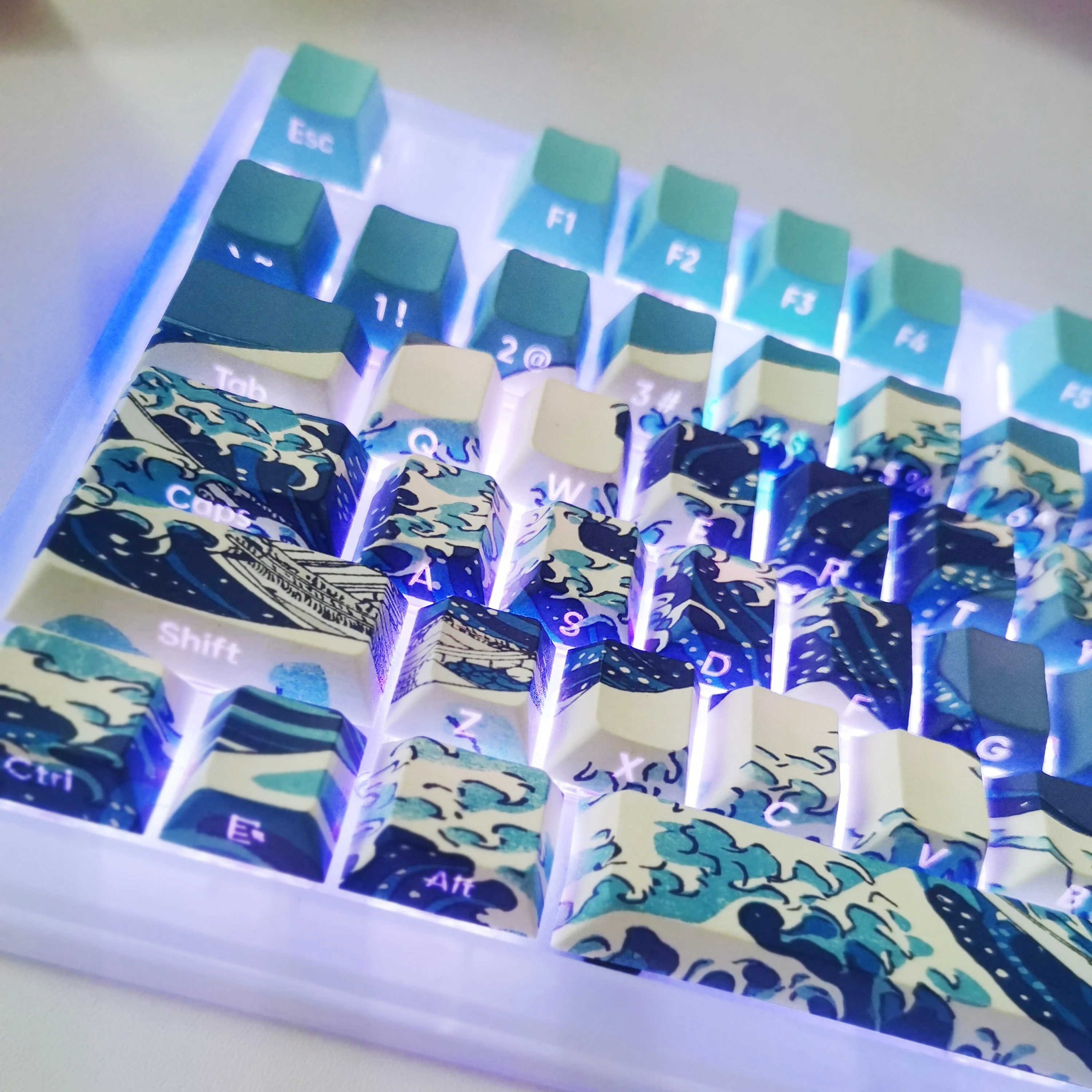 Kanagawa Themed Top/Side Printed RGB Backlit Keycaps 125 Keys Dye Sub PBT Keycaps Cherry Profile for Cherry MX Swtches Keyboard