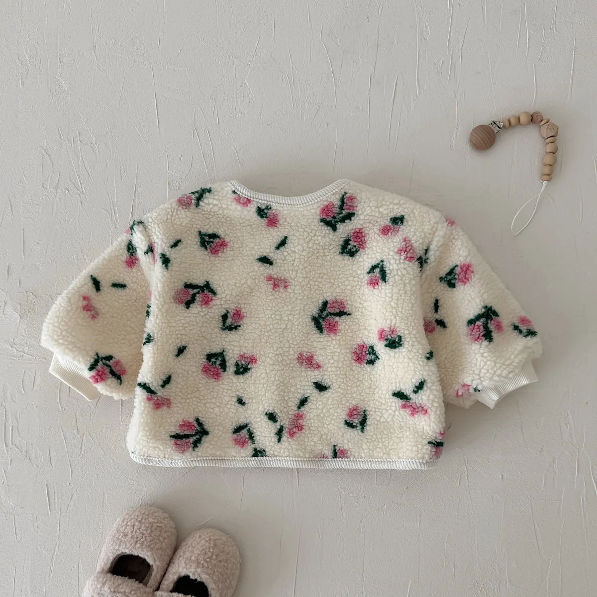 Toddler Girls Sherpa Fleece Jacket Autumn Winter, Small Pink Floral Print Cardigan, Warm Baby Outerwear With Pockets