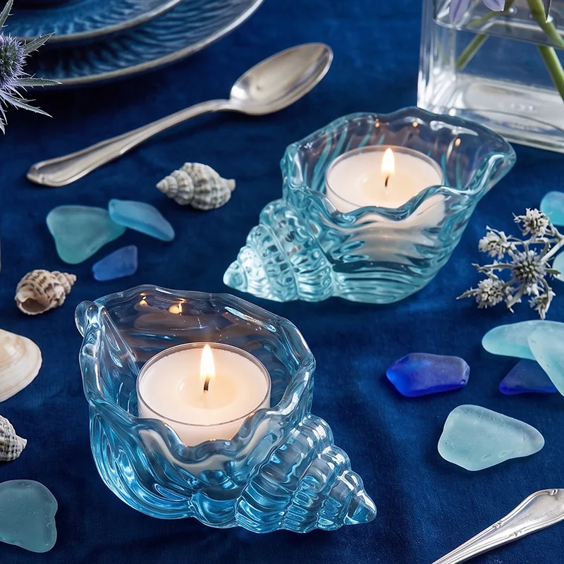 Ocean Conch Glass Candle Holder Blue Sea Glass Tealight Candle Cup Beach Theme Home Decor Table Centerpiece Seashell Candle Hold