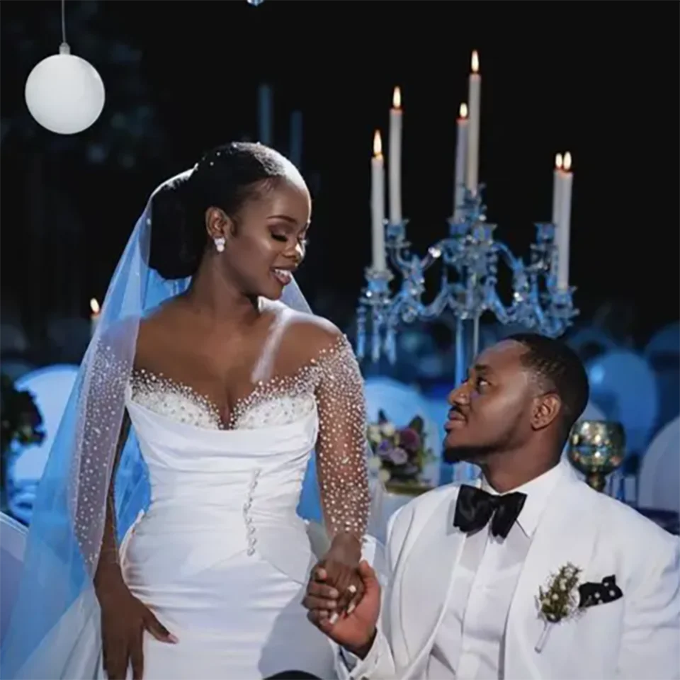 Abiti da sposa da sera formali a sirena con paillettes a cuore personalizzati con spalle scoperte 2025 Abiti da sposa in tulle senza schienale per le donne