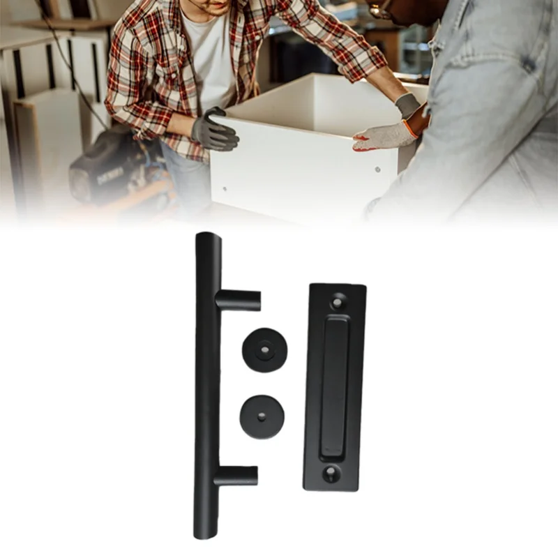 Maçaneta deslizante para porta de celeiro, aço carbono, 4.8mm de espessura, dupla face, push pull, alça redonda preta