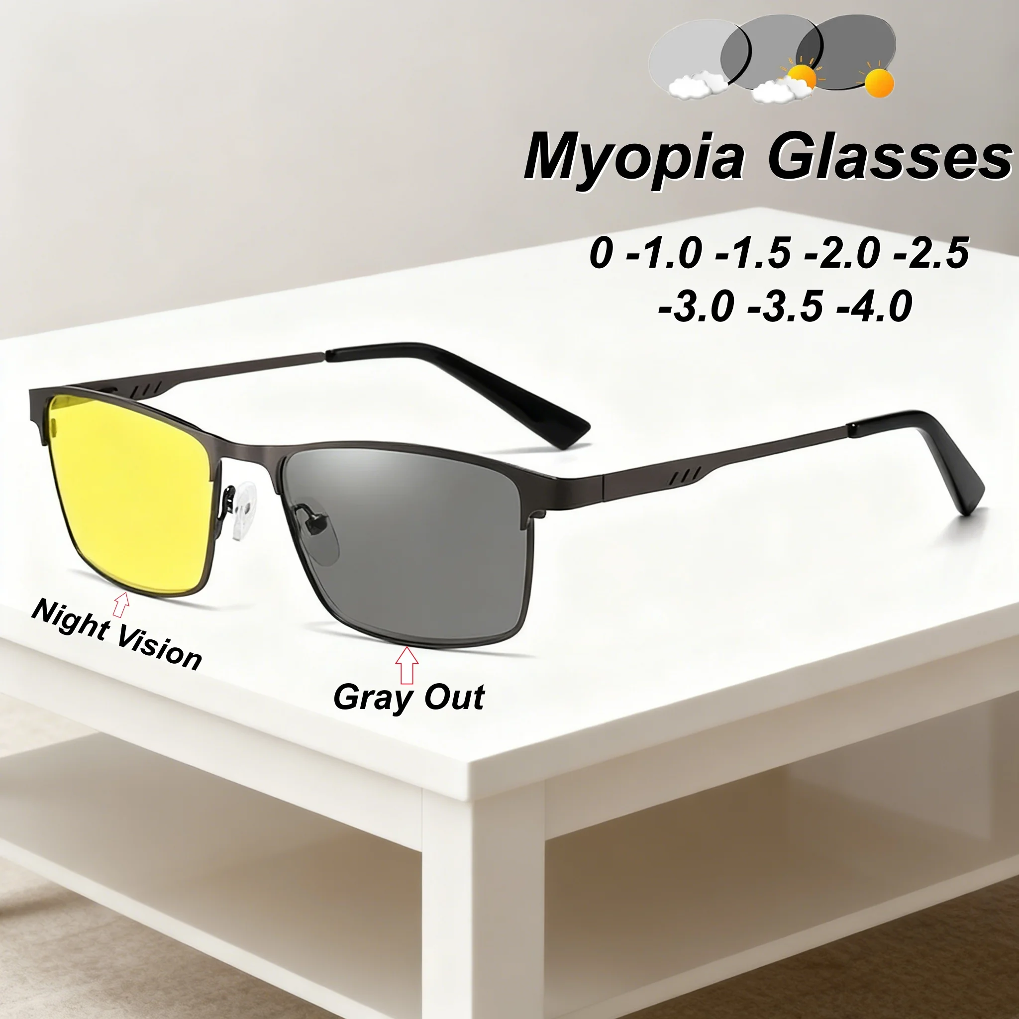 

Business Classic Square Frame Night Vision Photochromic Men's Myopia Glasses Outdoor Ultra Light Neutral Night Driving Glasses