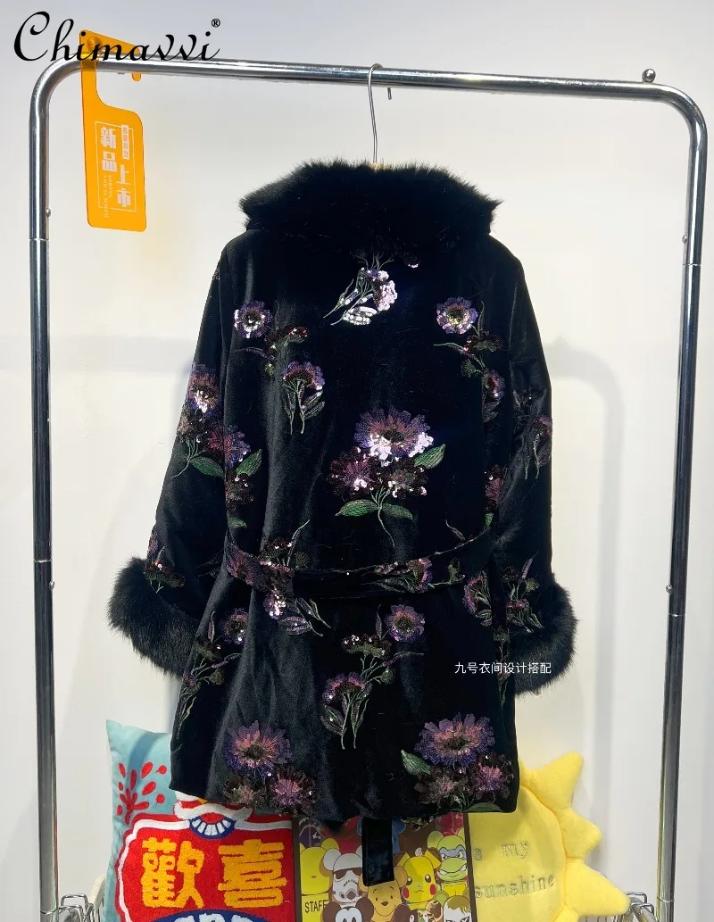 Abrigo de visón europeo de terciopelo Retro de estilo chino para mujer Otoño Invierno nueva chaqueta de piel holgada de longitud media con lentejuelas bordadas pesadas