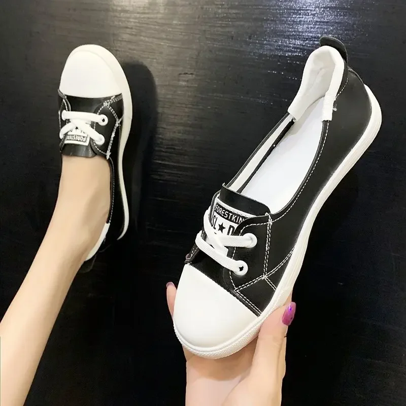 2021Women Casual Shoes Comfortable White Nude Sneakers Fashion Lace-Up Split Leather Girls Casual Flats Shoes