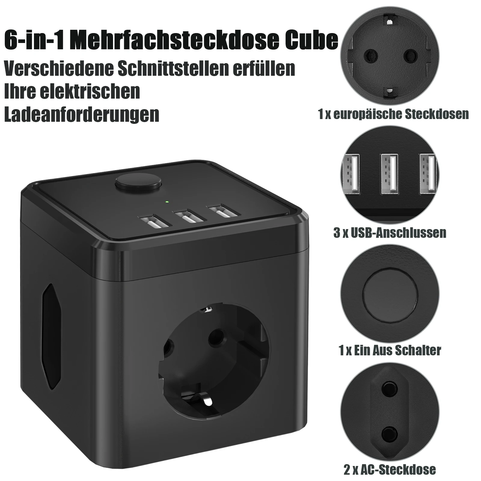 Cube Power Outlet with 3 AC Power and 3 USB Charger Ports 4000W/250V Wall Plug, (Switched) Surge Protection for Home or Travel