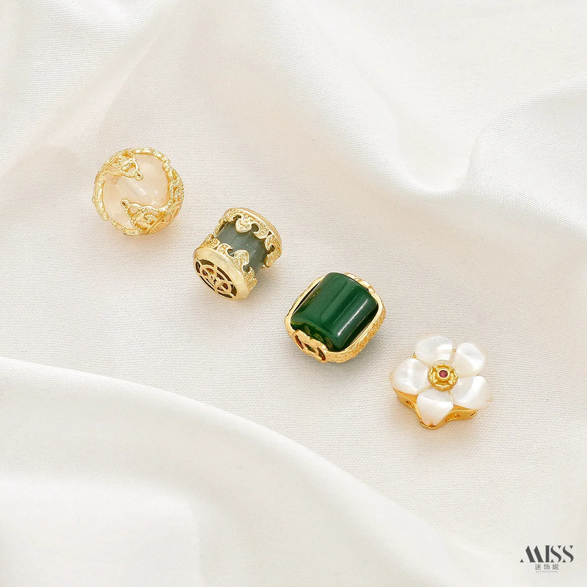 18K Gold Plated White Mother Of Pearl Poppy, Dry Green Jade, White Phantom Spacer Beads, DIY National Style Jewelry Accessories