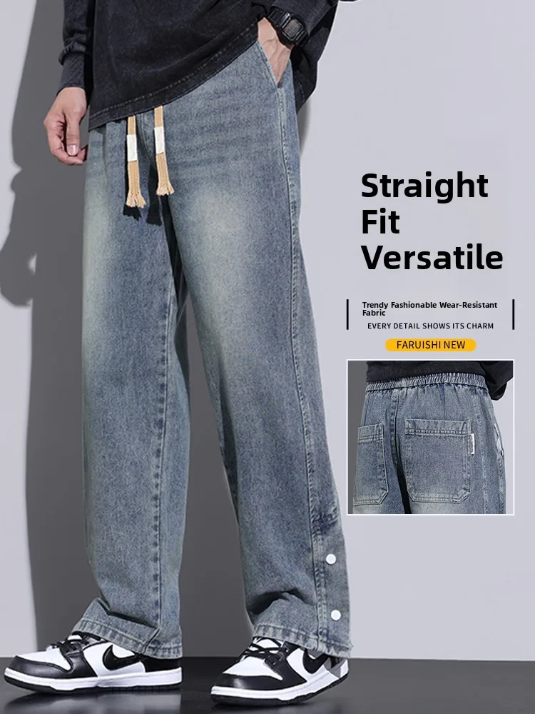 

Мужские джинсы свободного кроя с широкими штанинами, в стиле High Street, для подростков, осенние, модные, брендовые, повседневные, прямые, длинные брюки из смесового хлопка и полиэстера