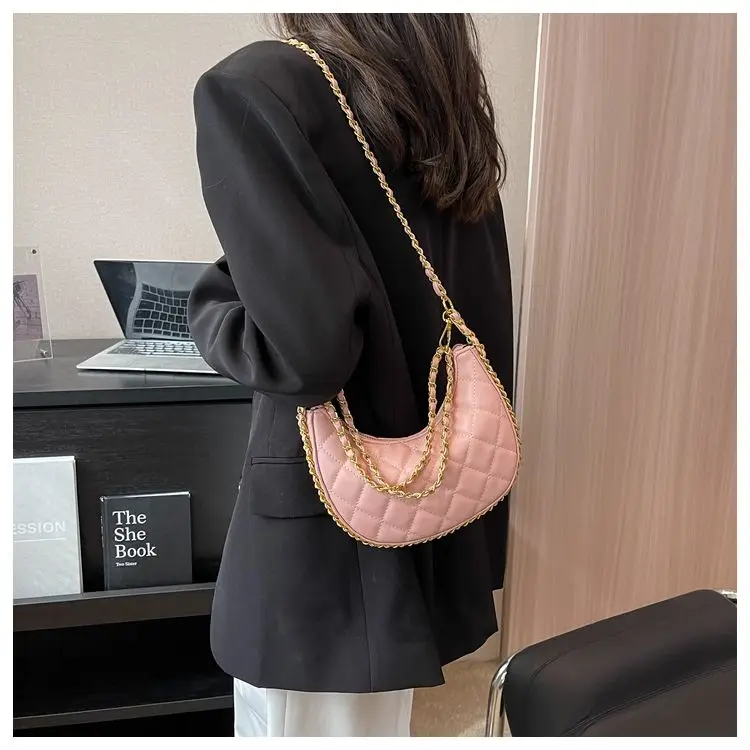 JIAERDI Fairycore Solid Y2k Messenger Bags Women High Street Chains Rhombic Lattice Half Moon Bag Ladies Casual Vintage Handbag