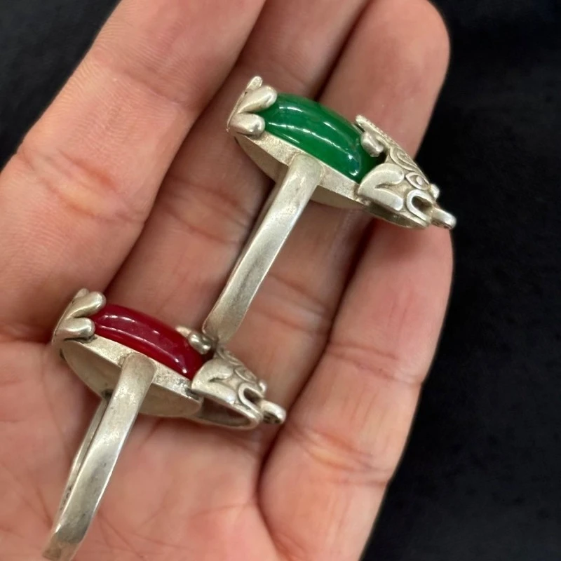 Retro Tibetan Silver Plated Pixiu Open Ring, Carved Inlaid Red & Green Stones, Wealth Attracting Collectible Ring