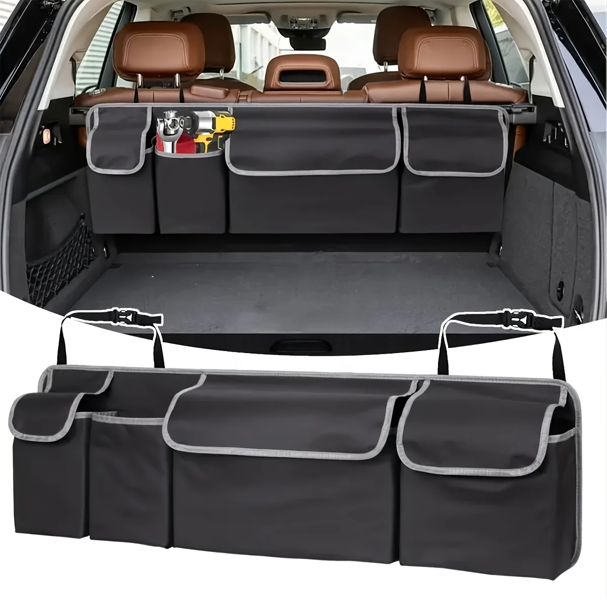 Oxford Cloth Storage Bag For Car Trunks Featuring Four Large Pockets And Two Adjustable Straps Place In Car Back Seat Universal