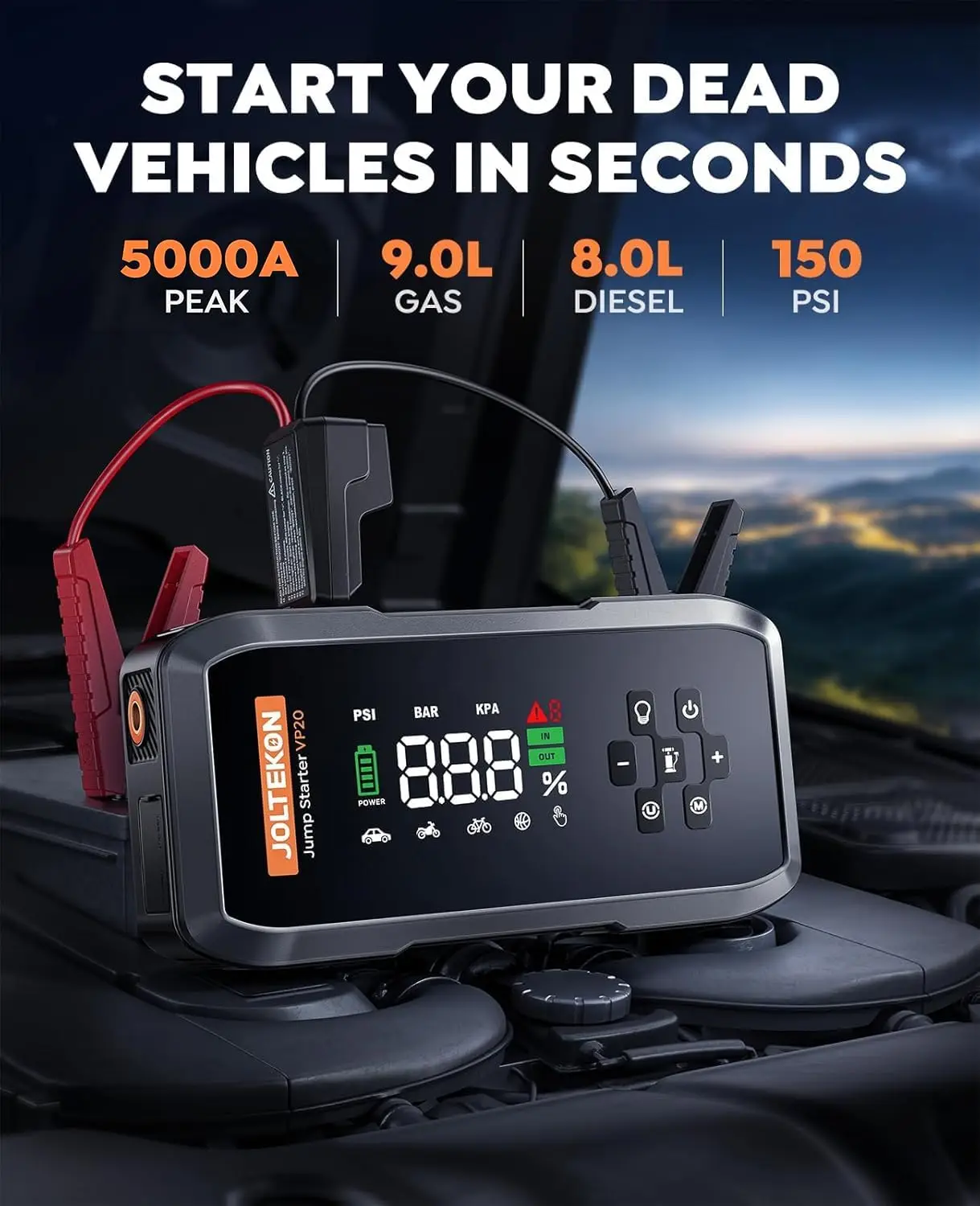 Car Battery Jump Starter with Air Compressor, 5000A Powerful Jumper Portable 150PSI Auto-Pause Pump, 12V Box for 10-Safety