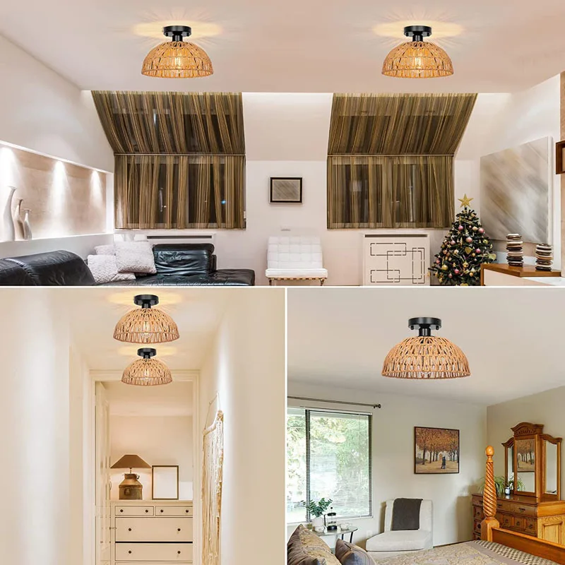Bohemian Rattan Ceiling Light with Mid-Century Handwoven Pendant Design E27 Base modest ceiling lamps home decor